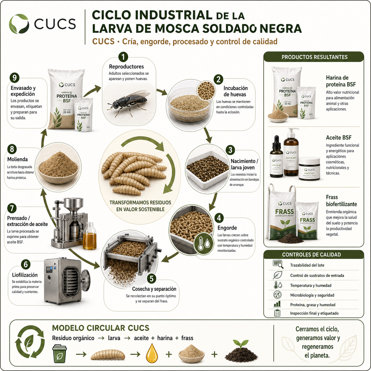 Ciclo industrial CUCS — proceso BSF de bioconversión completo